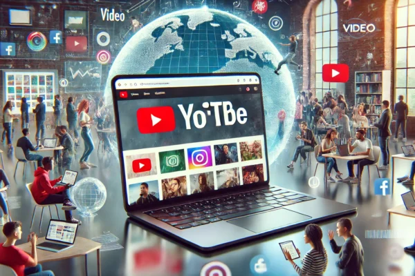 A sleek laptop displaying the Yoútbe homepage with vibrant thumbnails, set against a background of diverse people interacting with digital content, representing the platform's global influence on entertainment, education, and social interaction.