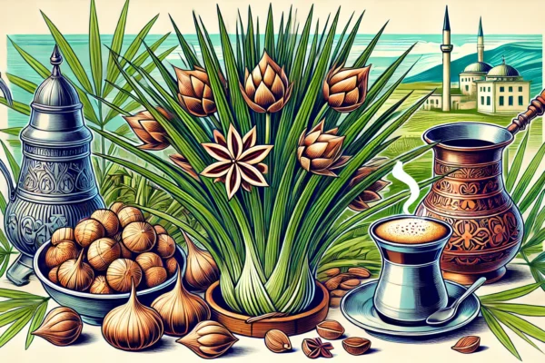 Illustration of a şeygo plant with grass-like leaves and small tubers, accompanied by a cezve and a cup of Turkish coffee with rich foam, set against a Turkish landscape.