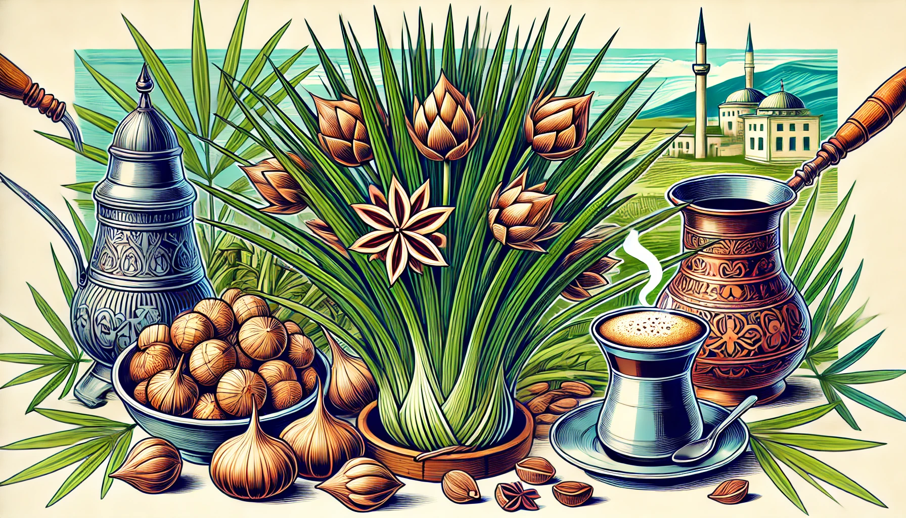 Illustration of a şeygo plant with grass-like leaves and small tubers, accompanied by a cezve and a cup of Turkish coffee with rich foam, set against a Turkish landscape.