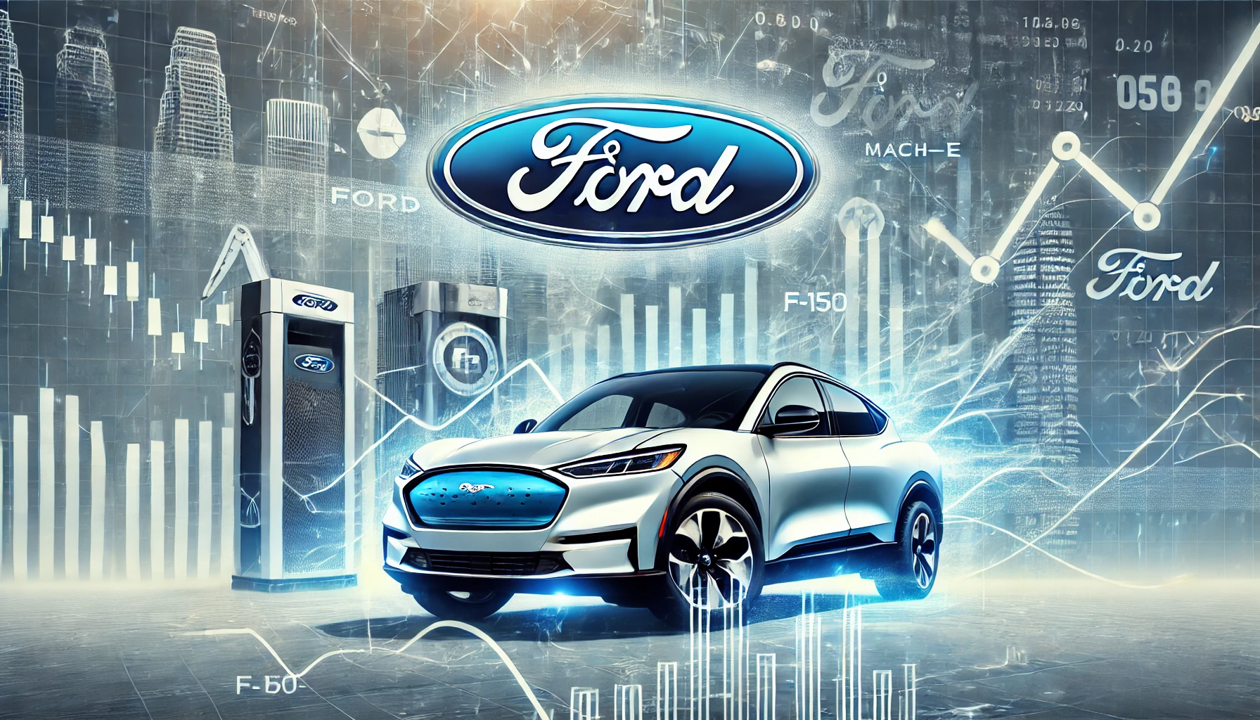 Ford logo with Mustang Mach-E electric vehicle, F-150 Lightning, and stock market charts in the background.