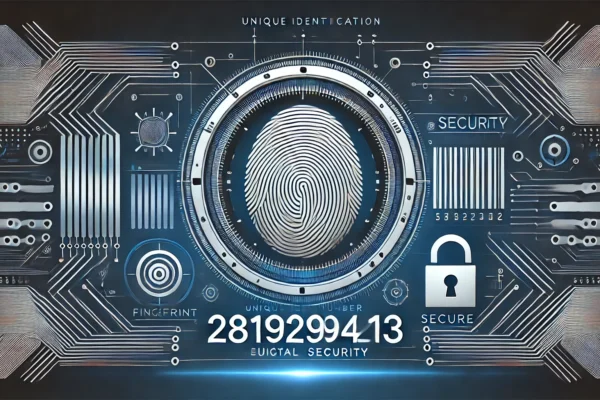 Modern vector illustration of the unique identification number 2819294213 with digital security elements, including a fingerprint, barcode, and secure lock.