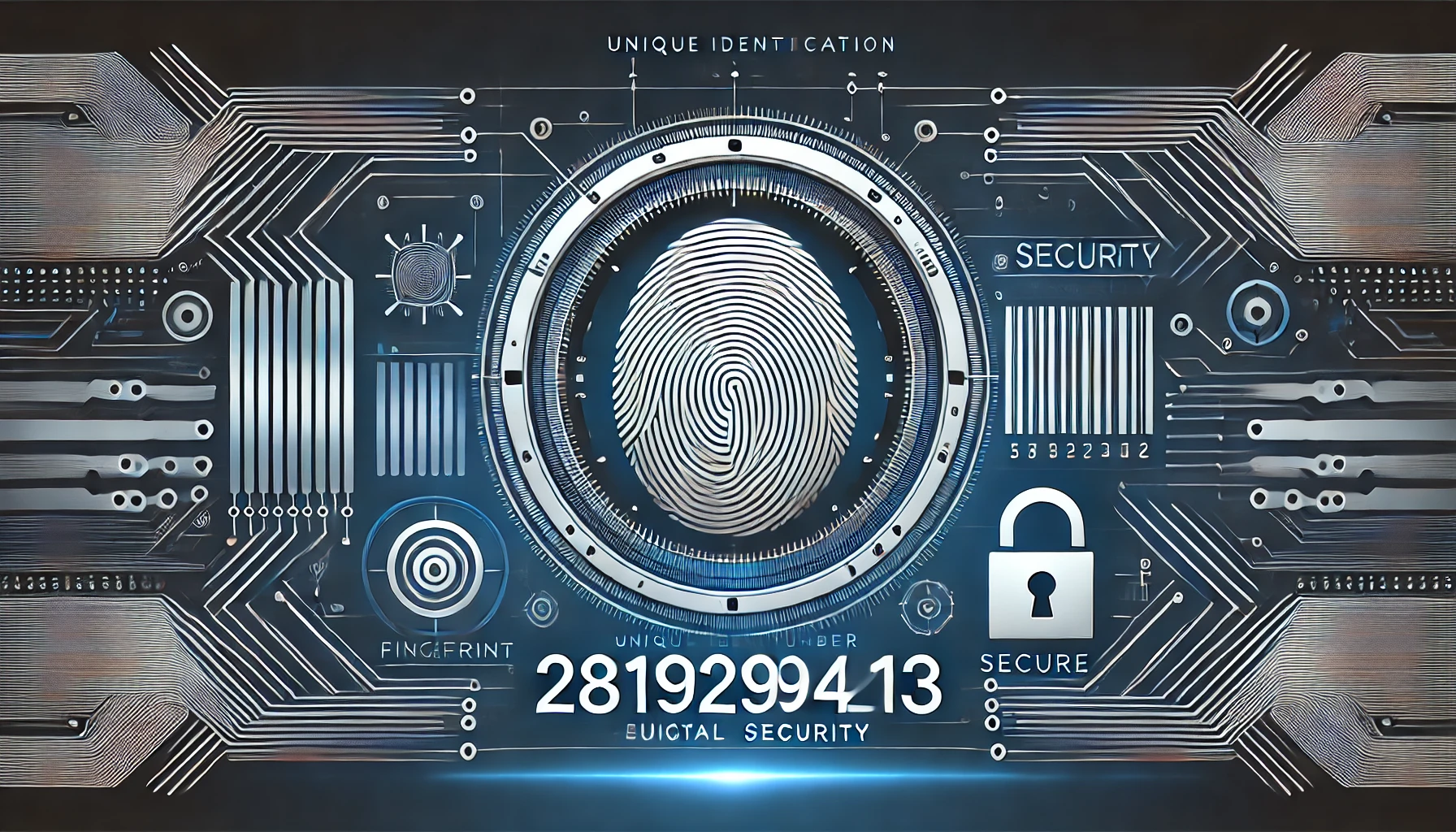 Modern vector illustration of the unique identification number 2819294213 with digital security elements, including a fingerprint, barcode, and secure lock.