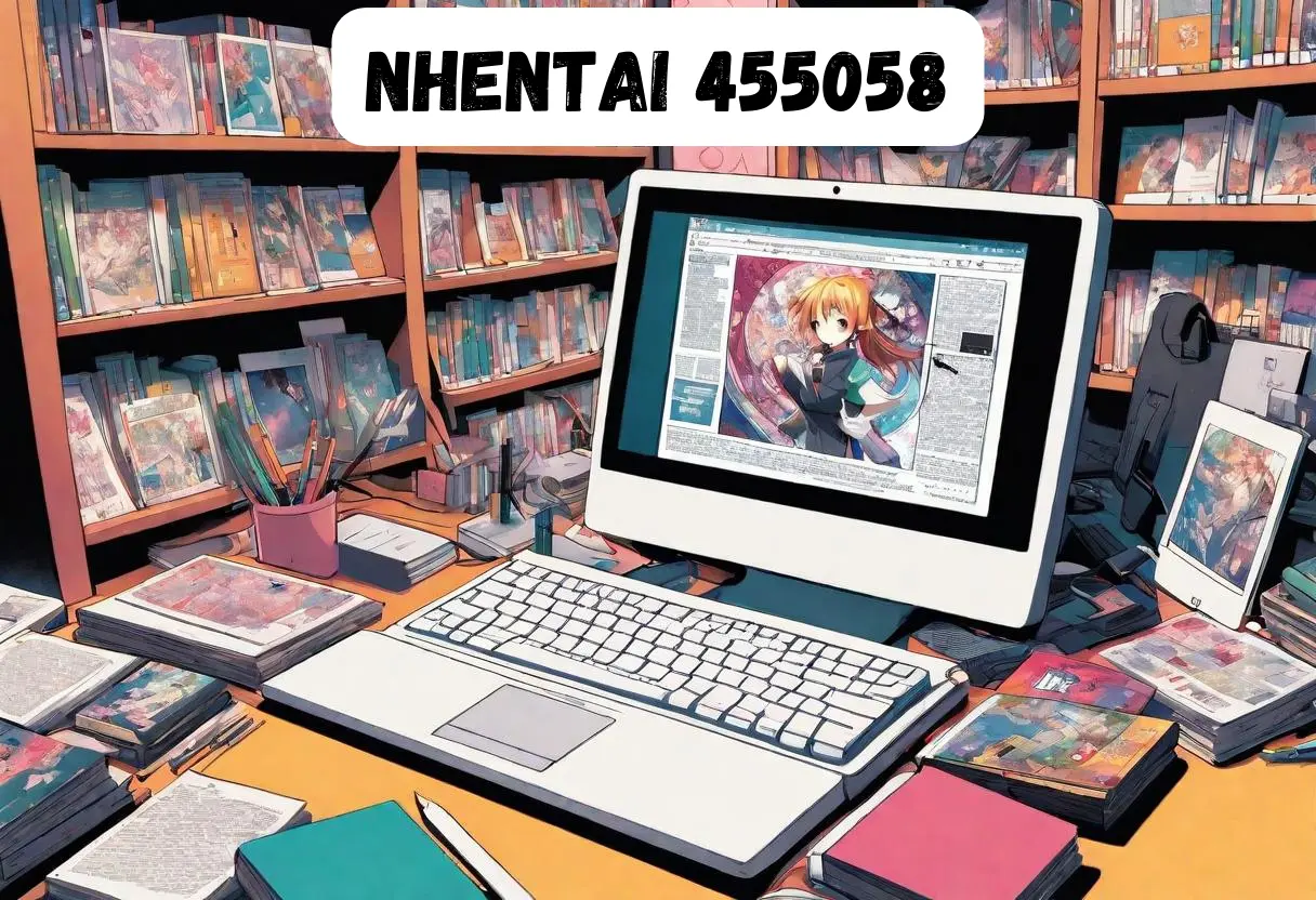 Illustration representing the digital landscape of adult-oriented manga on Nhentai, featuring a computer screen displaying manga content surrounded by books, manga pages, and artistic tools in vibrant colors.