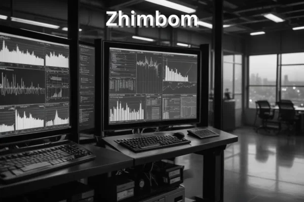 Illustration of Zhimbom concept blending technology, spirituality, and traditional healing with symbols for data analytics, AI, and IoT against a serene backdrop.