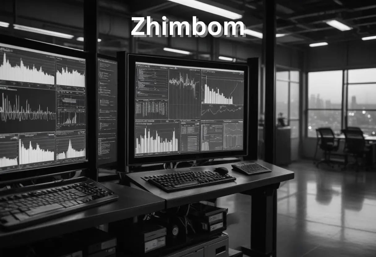 Illustration of Zhimbom concept blending technology, spirituality, and traditional healing with symbols for data analytics, AI, and IoT against a serene backdrop.