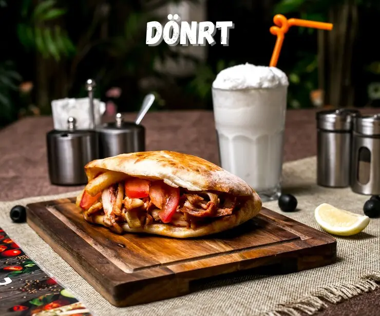 Image of Dönrt: Thinly sliced, marinated meat cooking on a vertical rotisserie, accompanied by fresh vegetables, warm pita bread, and creamy yogurt sauce at a Turkish street food stall.