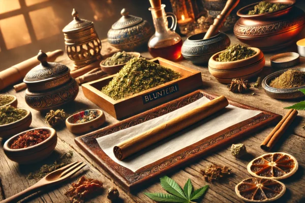 A beautifully rolled blunturi on a rustic wooden table, surrounded by herbs, rolling paper, and a rolling tray, highlighting the cultural and social significance of blunturi.