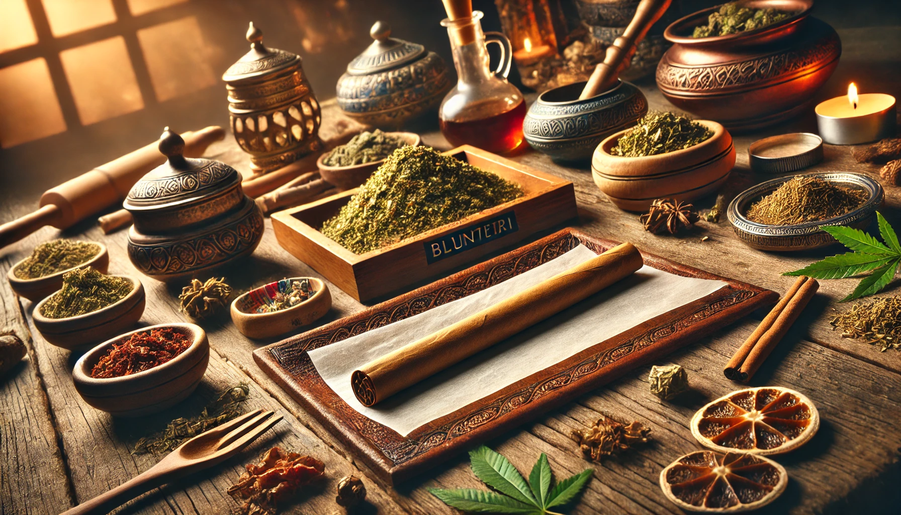 A beautifully rolled blunturi on a rustic wooden table, surrounded by herbs, rolling paper, and a rolling tray, highlighting the cultural and social significance of blunturi.