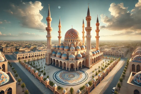 Wide-angle view of Mosquee Al Nasr in Koekelberg showcasing its elegant minarets, intricate tile work, and spacious courtyard against a clear blue sky with wispy clouds.