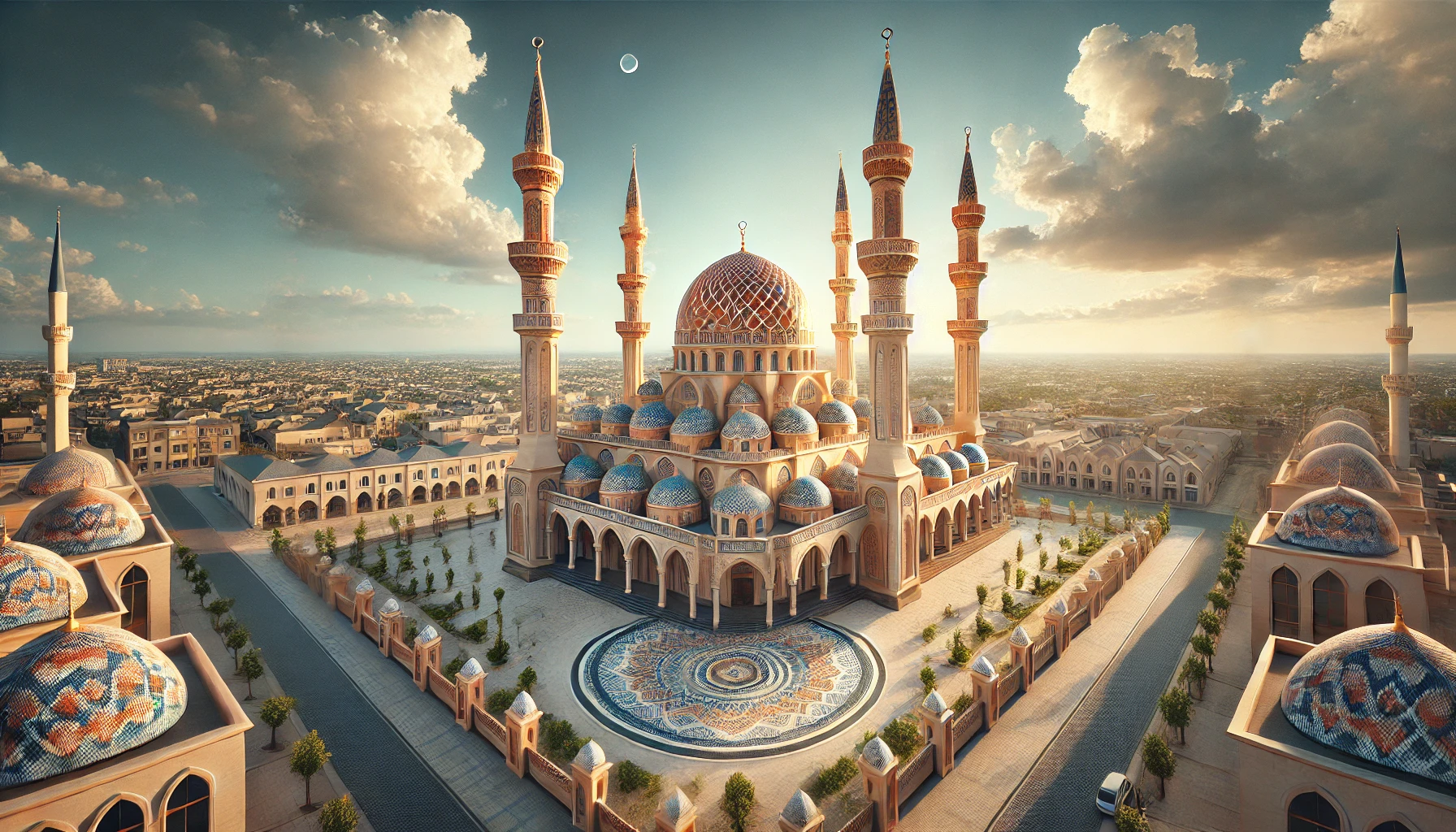 Wide-angle view of Mosquee Al Nasr in Koekelberg showcasing its elegant minarets, intricate tile work, and spacious courtyard against a clear blue sky with wispy clouds.